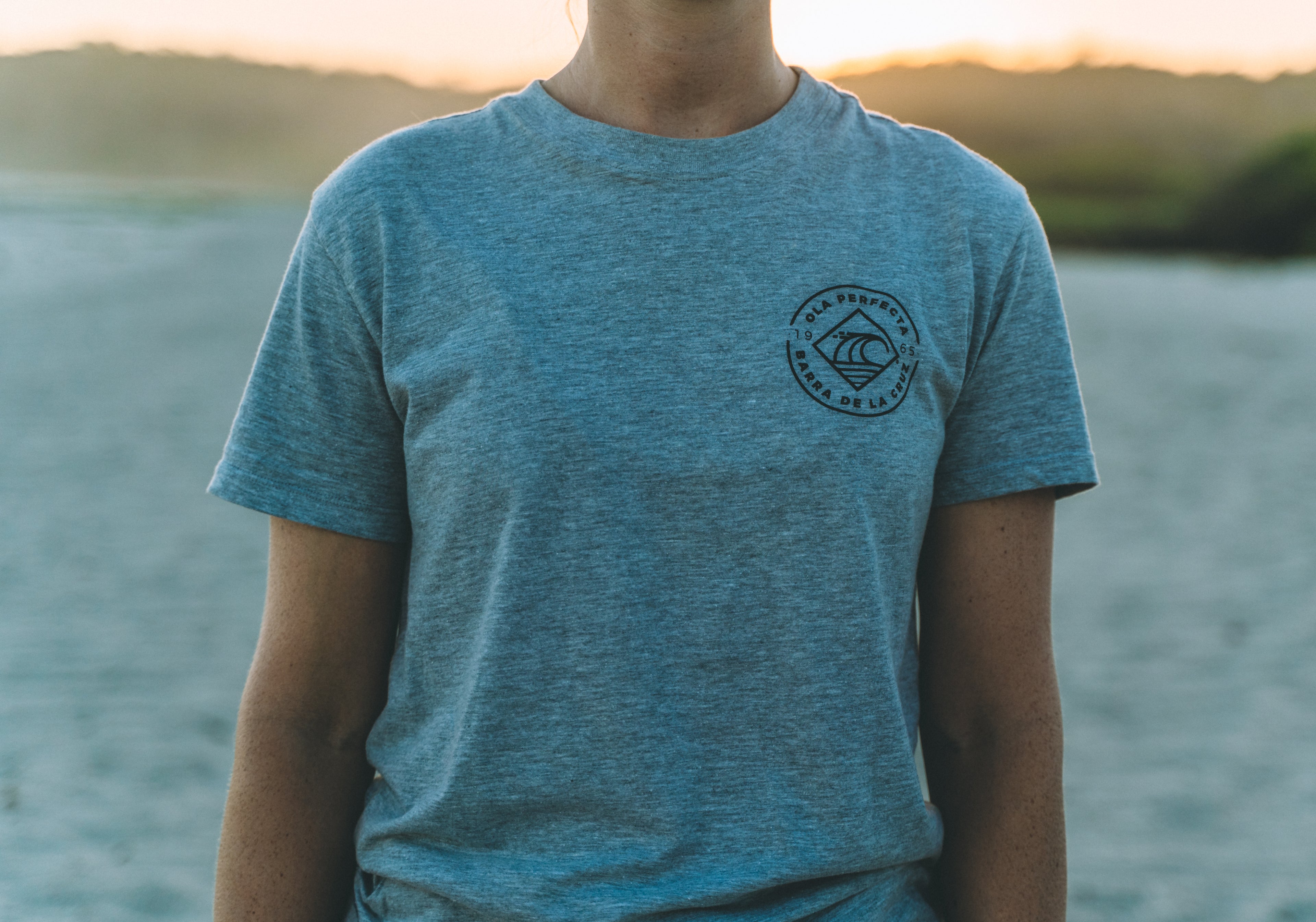 Grey OLA PERFECTA® surf lifestyle t-shirt inspired by Barra de la Cruz.